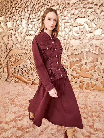Wind Collar Tie With Waist Jacket Jacket + Wine Red Temperament A-Word Skirt Dress Suit Tide